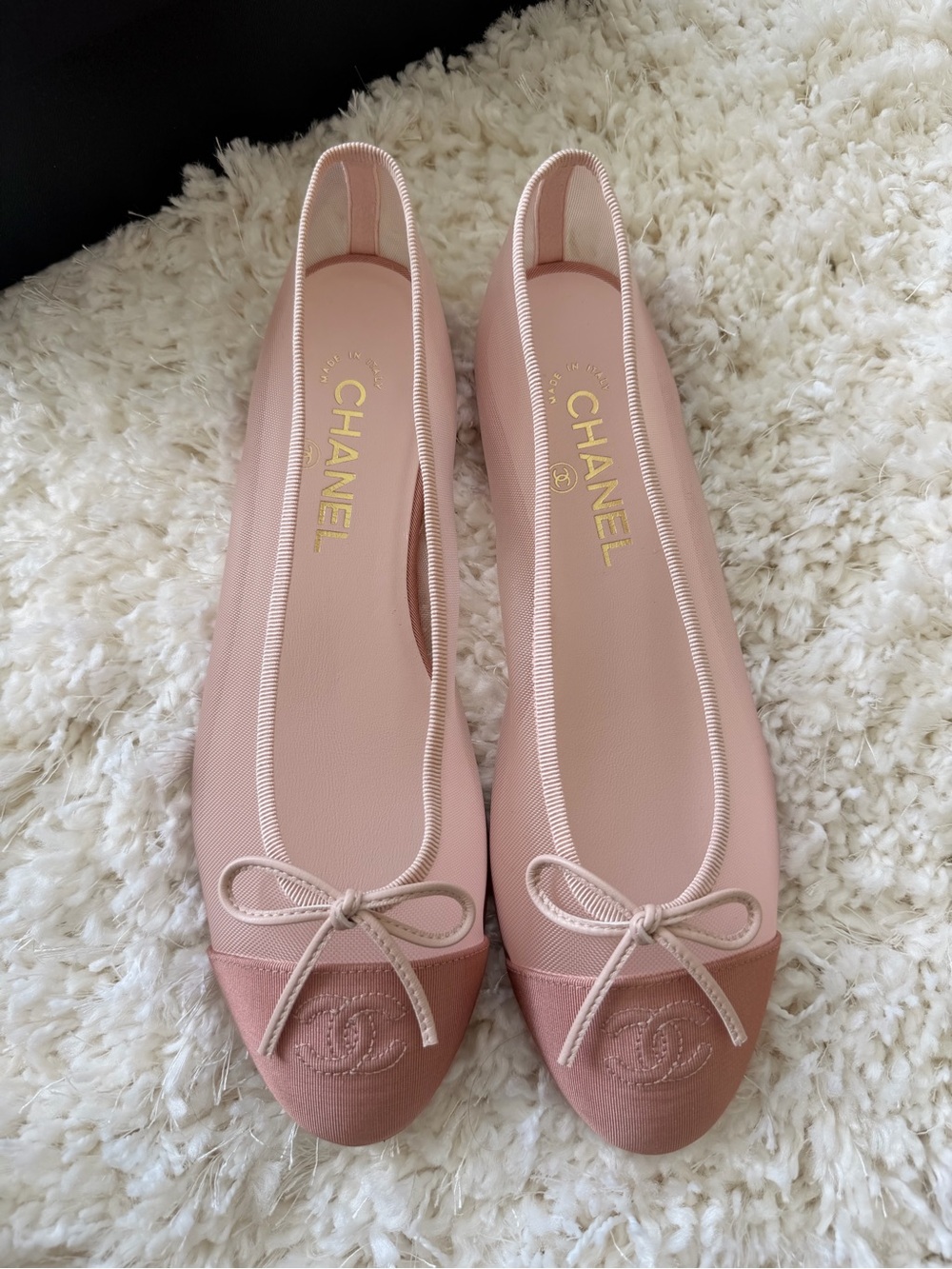 CHANEL Mesh Grosgrain CC Cap Toe Ballerina Flats 39.5 Light Pink Dark Pink - Picture 2 of 7